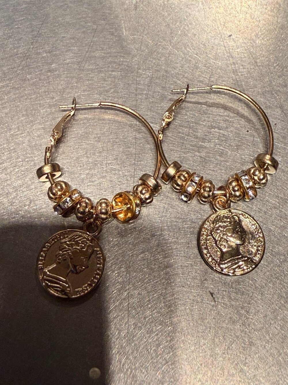 Gold 1" Hoop Earrings with Coin Charms and Beads